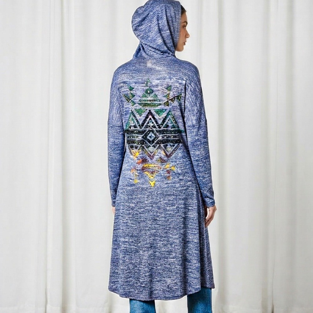 Vocal Hooded Blue Knit Duster Sz L Long Cardigan Rhinestone Stud Southwest Y2K
